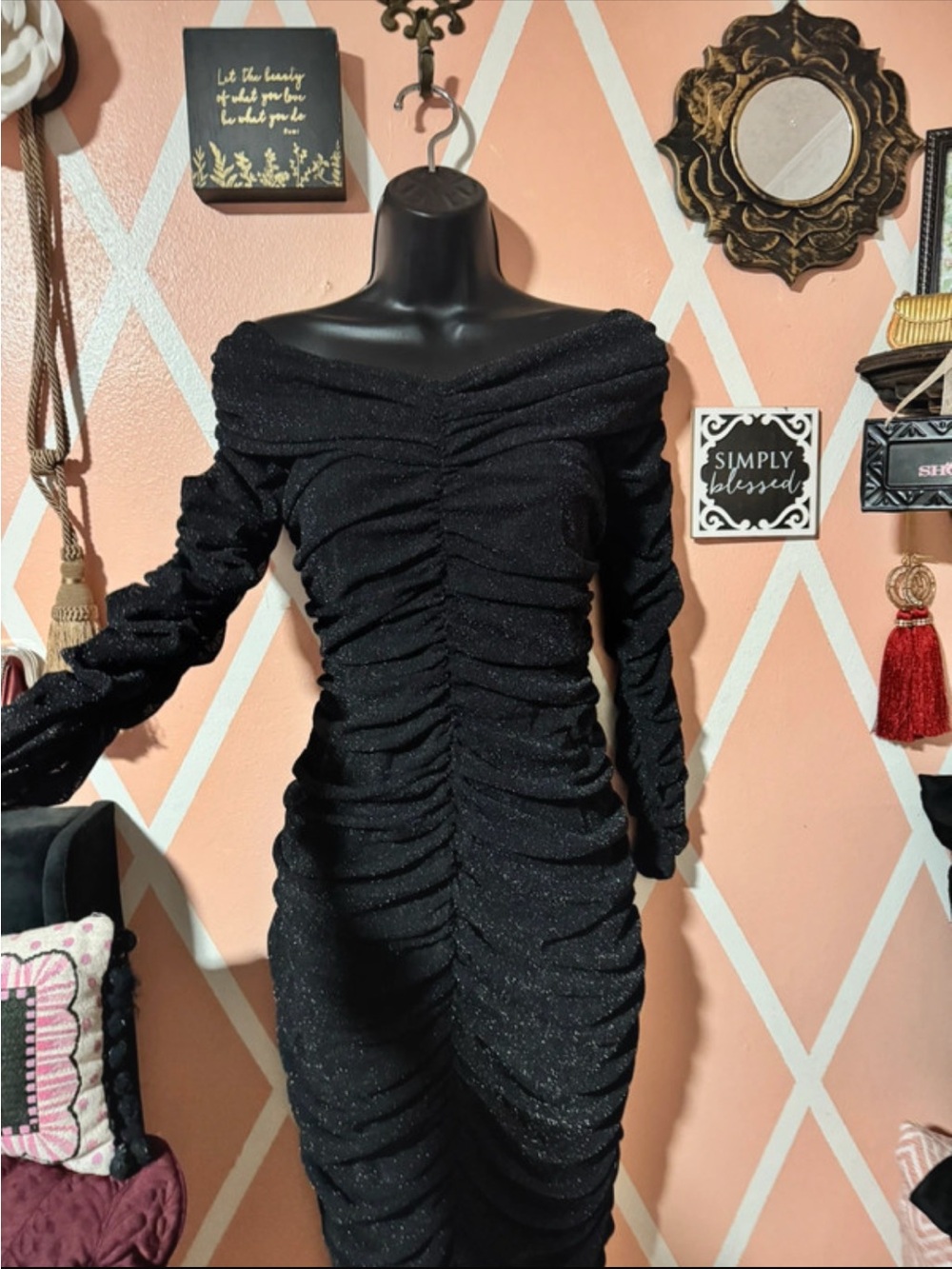 New York & Company Black Long Sleeve Off-Shoulder Ruched Dress